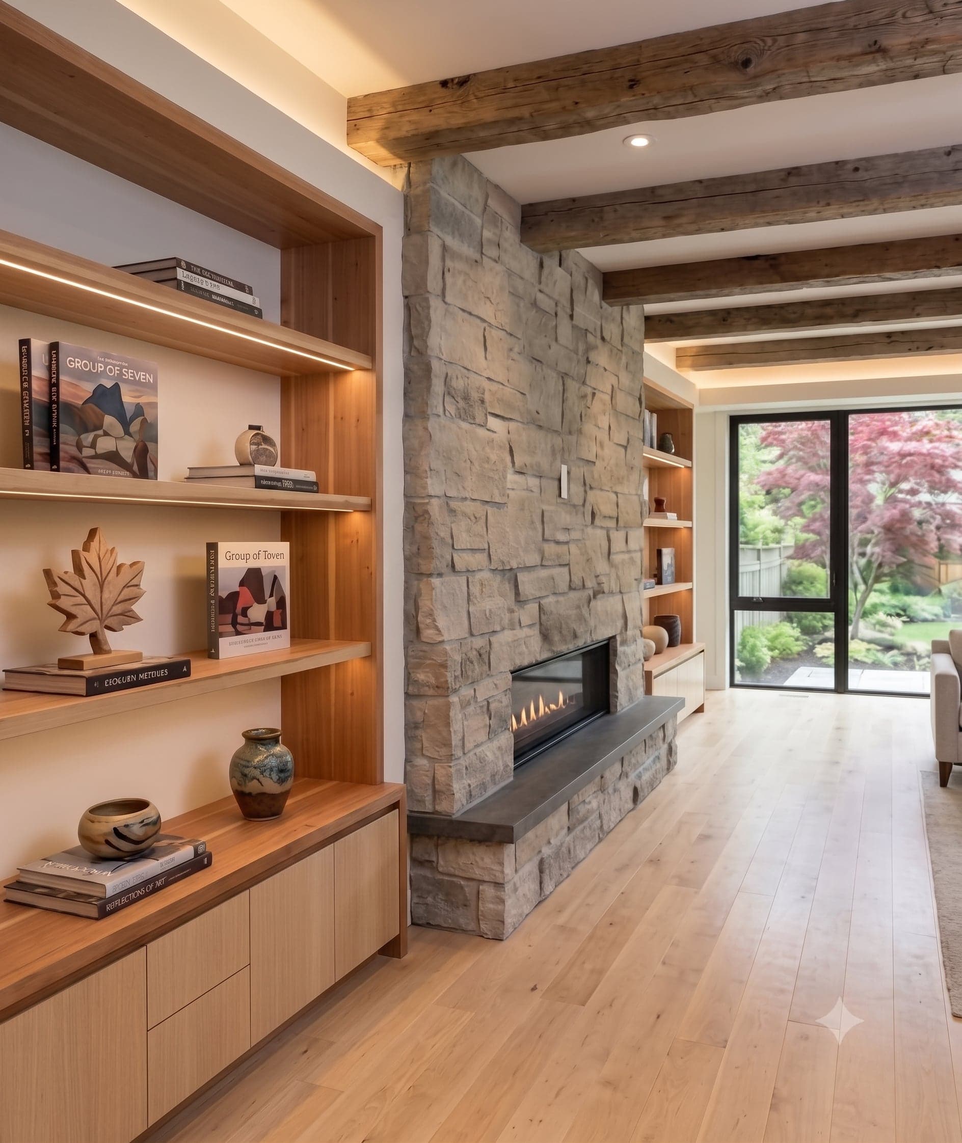 A custom home renovation — stone fireplace, reclaimed beams and built-in millwork